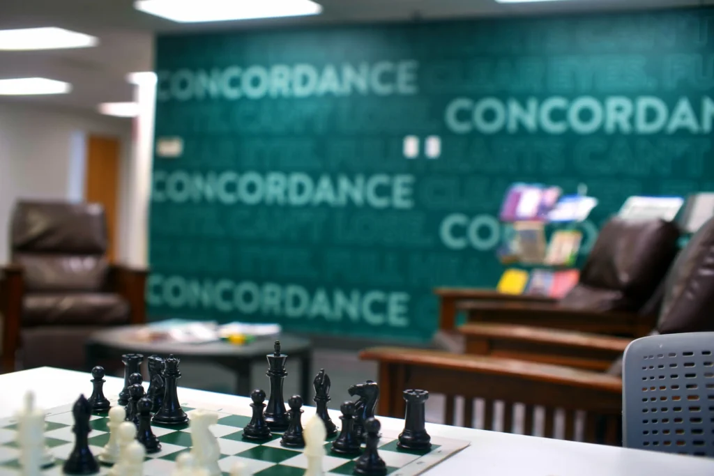 a chess board on a table in a concordance room