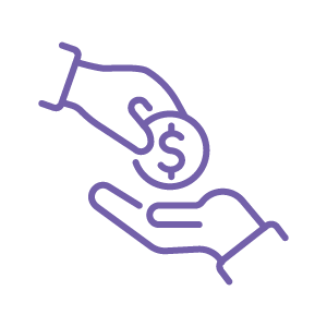 Purple icon of a hand giving a coin to another hand.